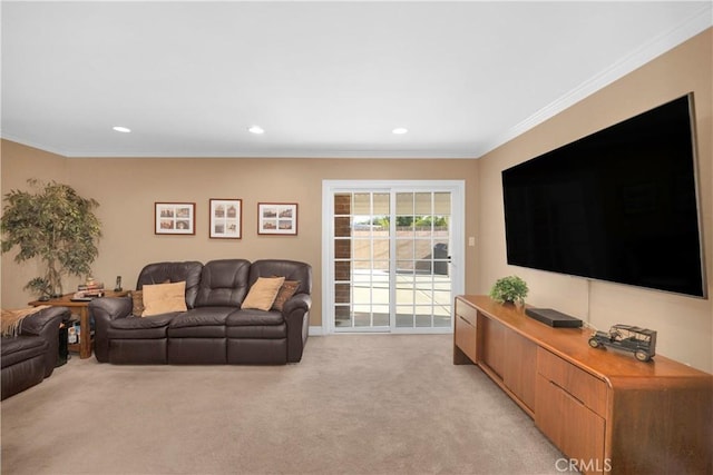 12111 Reagan St, Los Alamitos, CA 90720 - living room with light colored carpet, ornamental molding, and recessed lighting