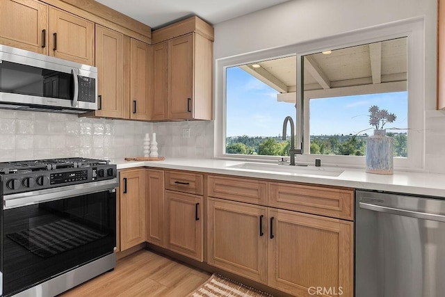 23631 Via Storni, Mission Viejo, CA 92692 - kitchen featuring appliances with stainless steel finishes, light countertops, light wood-style floors, and backsplash