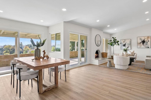 23631 Via Storni, Mission Viejo, CA 92692 - dining space featuring healthy amount of natural light, a lit fireplace, light wood-style flooring, and recessed lighting