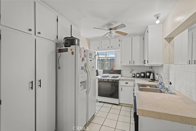 932 Redwood Ct, Corona, CA 92879 - kitchen featuring white appliances, a ceiling fan, backsplash, light countertops, and light tile patterned flooring