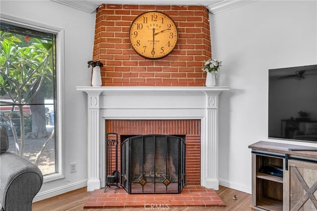 7503 Norwalk Blvd, Whittier, CA 90606 - detailed view of ornamental molding, wood finished floors, and a brick fireplace