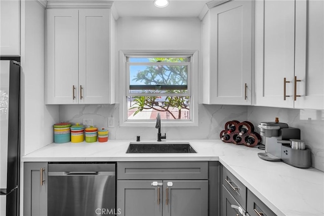 7503 Norwalk Blvd, Whittier, CA 90606 - kitchen featuring dishwasher, gray cabinets, freestanding refrigerator, decorative backsplash, and recessed lighting