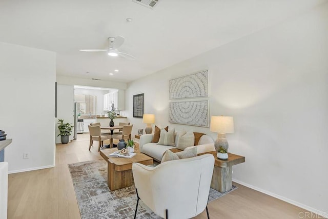 1131 Elfin Forest Rd E, San Marcos, CA 92078 - living room featuring a ceiling fan, light wood-style flooring, and recessed lighting