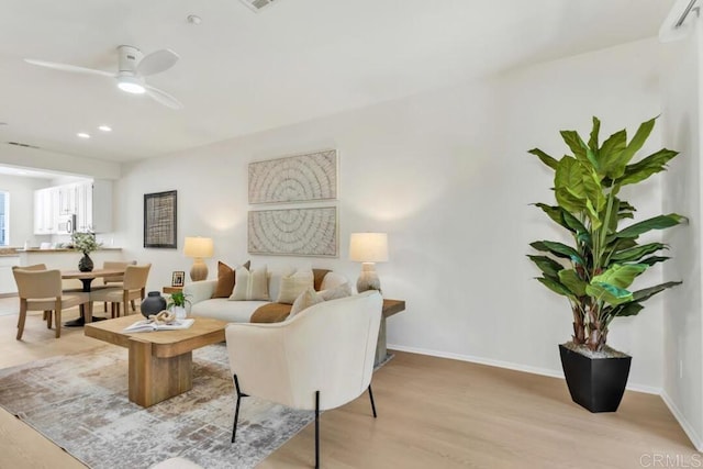 1131 Elfin Forest Rd E, San Marcos, CA 92078 - living room featuring light wood-style floors, a ceiling fan, and recessed lighting