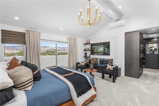 769 Greystone Pl, San Luis Obispo, CA 93401 - carpeted bedroom featuring a chandelier, beam ceiling, an AC wall unit, access to exterior, and multiple windows