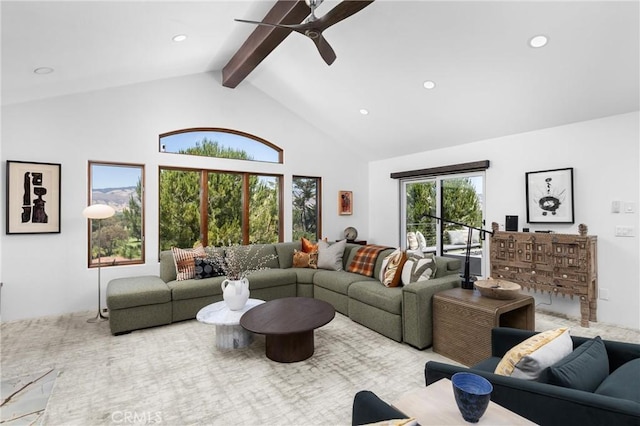 769 Greystone Pl, San Luis Obispo, CA 93401 - living area with a ceiling fan, beamed ceiling, high vaulted ceiling, and recessed lighting