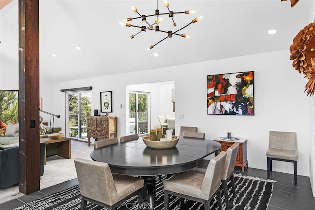 769 Greystone Pl, San Luis Obispo, CA 93401 - dining space featuring a chandelier, recessed lighting, and high vaulted ceiling