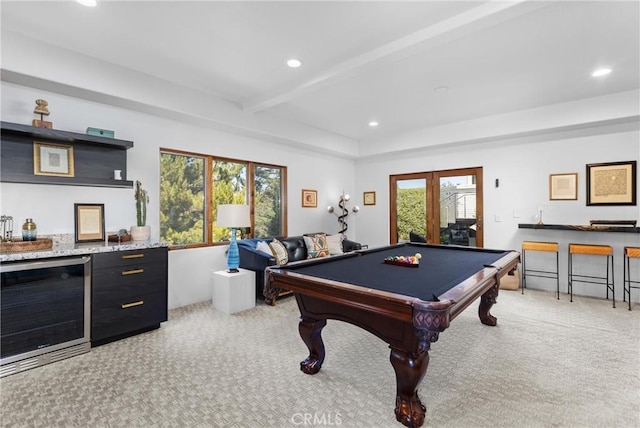 769 Greystone Pl, San Luis Obispo, CA 93401 - recreation room featuring beverage cooler, light carpet, recessed lighting, billiards table, and beam ceiling