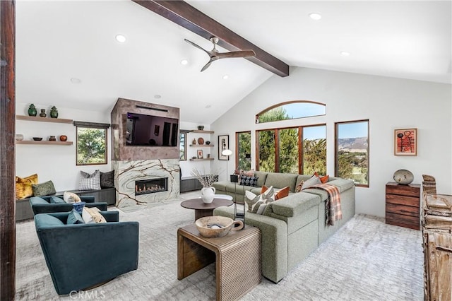 769 Greystone Pl, San Luis Obispo, CA 93401 - living area with ceiling fan, beamed ceiling, a high end fireplace, recessed lighting, and high vaulted ceiling