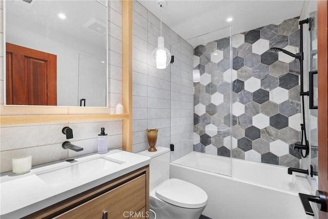 769 Greystone Pl, San Luis Obispo, CA 93401 - bathroom featuring vanity, shower / tub combination, tile walls, and recessed lighting