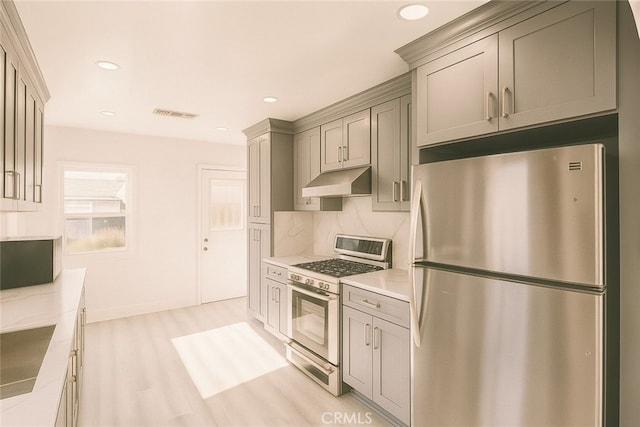 13132 Stanrich Pl, Garden Grove, CA 92843 - kitchen featuring stainless steel appliances, under cabinet range hood, light wood finished floors, recessed lighting, and backsplash