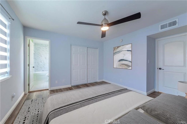 9000 Vanalden Ave Unit 176, Northridge, CA 91324 - unfurnished bedroom featuring wood finished floors, a closet, ensuite bath, and a ceiling fan