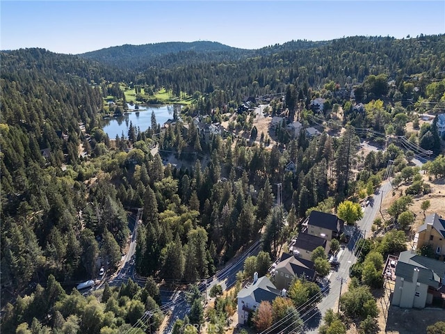 26845 Modoc Ln, Lake Arrowhead, CA 92352 - aerial overview of property's location featuring a heavily wooded area and a mountain backdrop