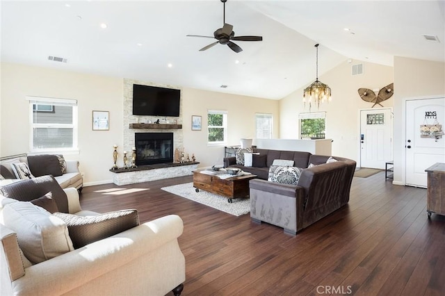 26845 Modoc Ln, Lake Arrowhead, CA 92352 - living room featuring a ceiling fan, dark wood finished floors, a stone fireplace, high vaulted ceiling, and recessed lighting