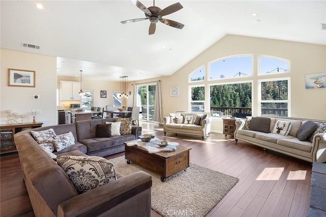26845 Modoc Ln, Lake Arrowhead, CA 92352 - living area featuring a ceiling fan, wood-type flooring, and high vaulted ceiling