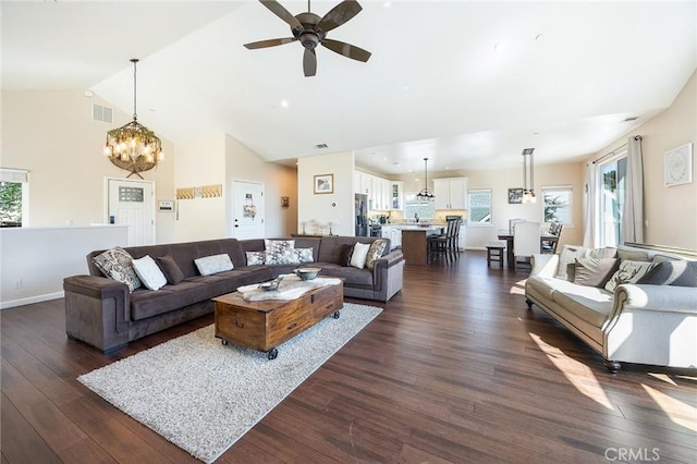 26845 Modoc Ln, Lake Arrowhead, CA 92352 - living area featuring dark wood-style floors, ceiling fan, a chandelier, high vaulted ceiling, and recessed lighting