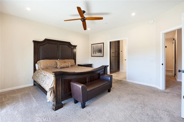 26845 Modoc Ln, Lake Arrowhead, CA 92352 - bedroom featuring light colored carpet, recessed lighting, and ceiling fan