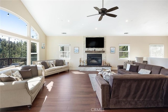26845 Modoc Ln, Lake Arrowhead, CA 92352 - living room featuring ceiling fan, a fireplace, dark wood-style flooring, high vaulted ceiling, and recessed lighting