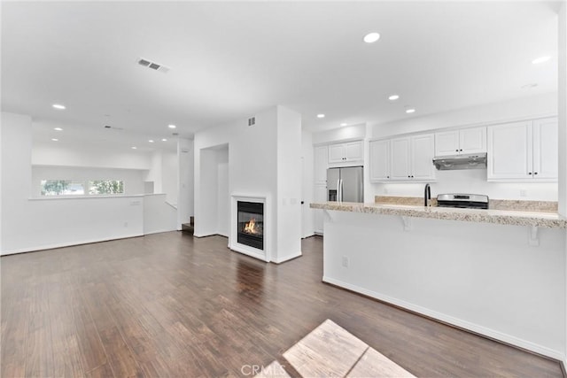 456 W Linden Dr, Orange, CA 92865 - kitchen with under cabinet range hood, appliances with stainless steel finishes, white cabinetry, a peninsula, and recessed lighting