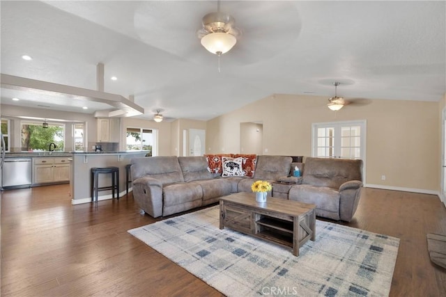 9525 Cambria Ct, Phelan, CA 92371 - living room with ceiling fan, lofted ceiling, wood finished floors, and recessed lighting