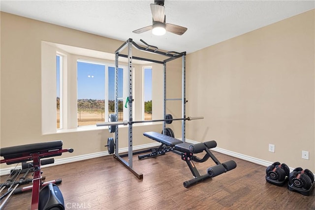 9525 Cambria Ct, Phelan, CA 92371 - exercise area with wood finished floors and ceiling fan