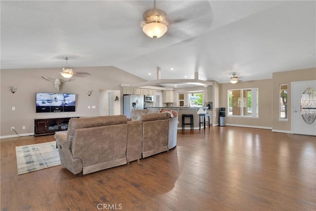9525 Cambria Ct, Phelan, CA 92371 - living room featuring ceiling fan, lofted ceiling, and wood finished floors