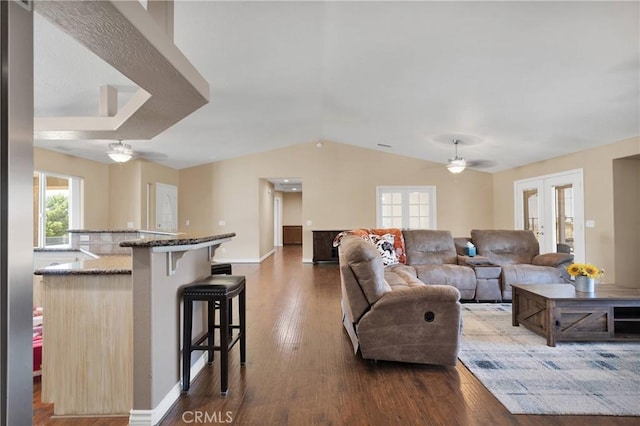 9525 Cambria Ct, Phelan, CA 92371 - living room with a ceiling fan, wood finished floors, and vaulted ceiling
