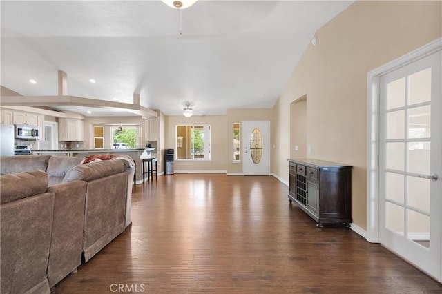 9525 Cambria Ct, Phelan, CA 92371 - living room featuring a ceiling fan, dark wood finished floors, recessed lighting, and vaulted ceiling