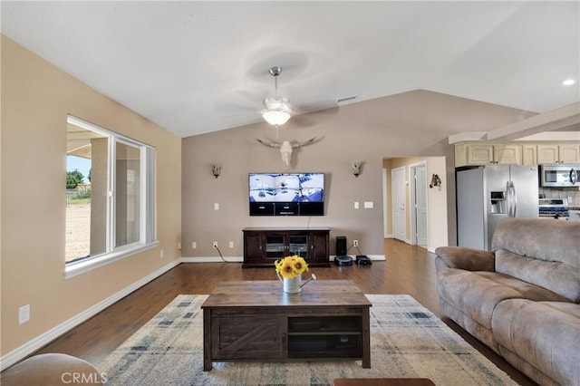 9525 Cambria Ct, Phelan, CA 92371 - living area with lofted ceiling, wood finished floors, and ceiling fan
