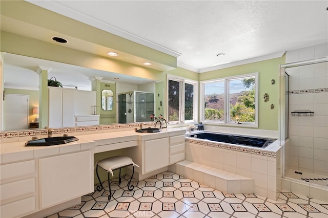 5230 Harbour Heights Ct, San Diego, CA 92109 - bathroom with a stall shower, a bath, double vanity, ornamental molding, and recessed lighting