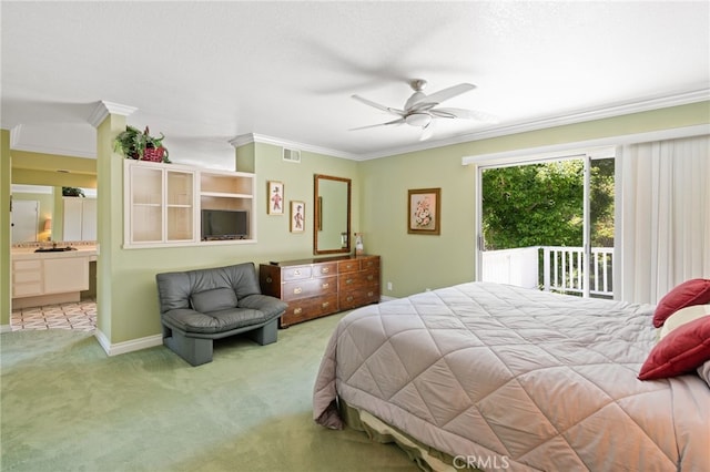 5230 Harbour Heights Ct, San Diego, CA 92109 - bedroom with crown molding, access to outside, carpet floors, connected bathroom, and a ceiling fan