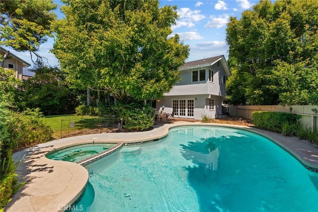 5230 Harbour Heights Ct, San Diego, CA 92109 - view of pool featuring french doors, a pool with connected hot tub, and a patio