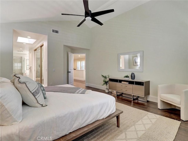 23034 Park Este, Calabasas, CA 91302 - bedroom with wood finished floors, a skylight, high vaulted ceiling, ensuite bath, and ceiling fan