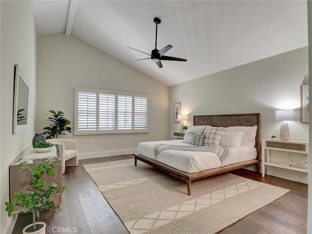 23034 Park Este, Calabasas, CA 91302 - bedroom with wood finished floors, beam ceiling, high vaulted ceiling, and ceiling fan