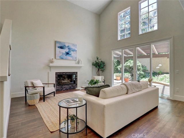 23034 Park Este, Calabasas, CA 91302 - living room with high vaulted ceiling, a glass covered fireplace, wood finished floors, and plenty of natural light