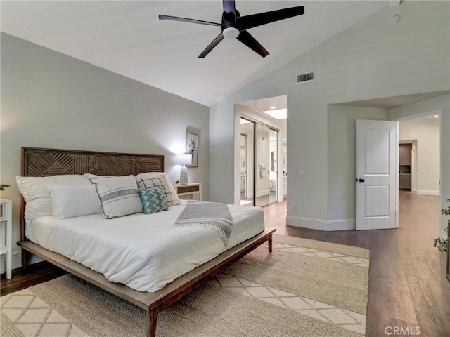 23034 Park Este, Calabasas, CA 91302 - bedroom featuring wood finished floors, high vaulted ceiling, ensuite bathroom, and a ceiling fan