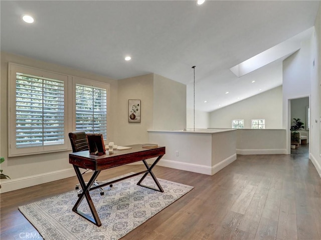 23034 Park Este, Calabasas, CA 91302 - home office featuring a skylight, wood finished floors, recessed lighting, and vaulted ceiling