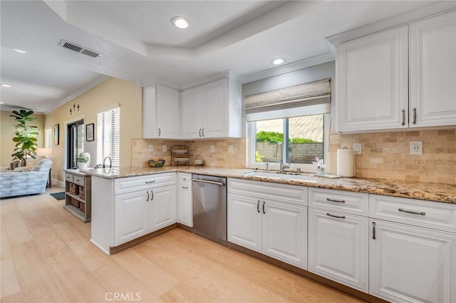 6140 Meadow Lark Dr, La Verne, CA 91750 - kitchen featuring stainless steel dishwasher, light wood finished floors, white cabinetry, ornamental molding, and recessed lighting