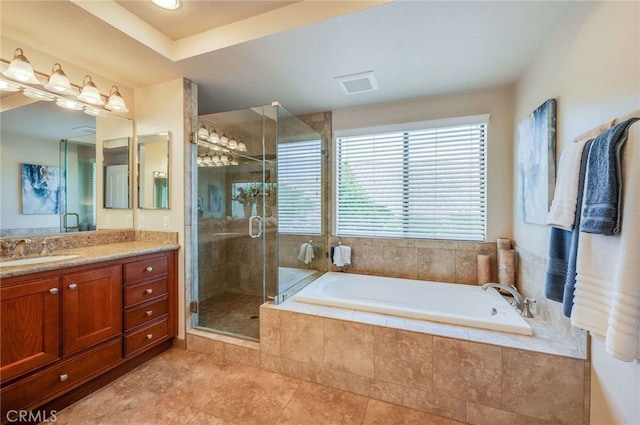 6140 Meadow Lark Dr, La Verne, CA 91750 - bathroom featuring vanity, a bath, tile patterned floors, and a stall shower