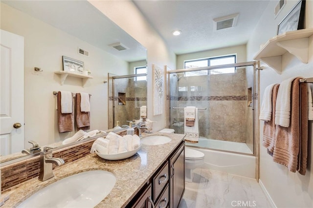 6140 Meadow Lark Dr, La Verne, CA 91750 - full bathroom featuring marble finish flooring, double vanity, and bath / shower combo with glass door