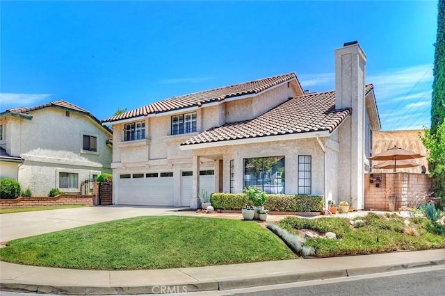 6140 Meadow Lark Dr, La Verne, CA 91750 - mediterranean / spanish house with driveway, a garage, a tile roof, a chimney, and stucco siding