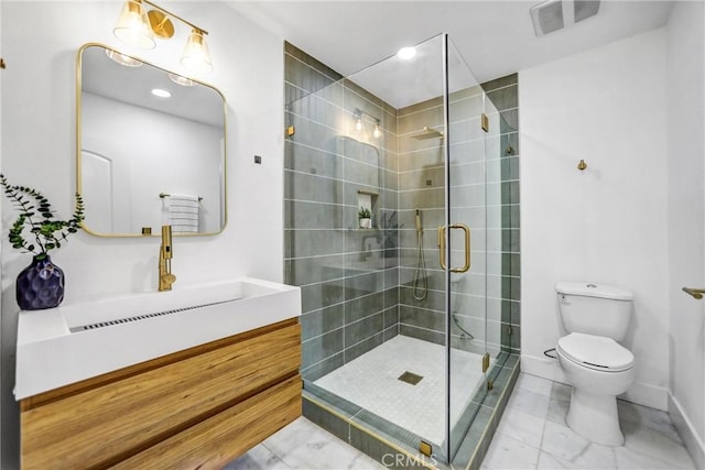 57 S Grand Oaks Ave, Pasadena, CA 91107 - full bath with marble finish flooring, vanity, a stall shower, and recessed lighting