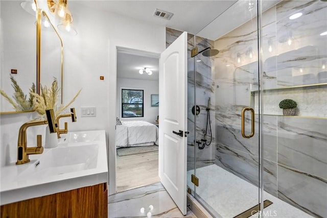 57 S Grand Oaks Ave, Pasadena, CA 91107 - bathroom featuring connected bathroom, double vanity, and a marble finish shower