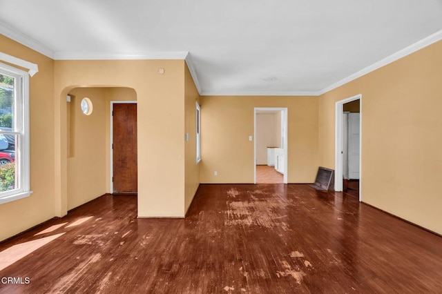 4127 Scandia Way, Los Angeles, CA 90065 - empty room with wood finished floors, arched walkways, and ornamental molding