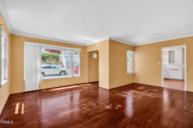 4127 Scandia Way, Los Angeles, CA 90065 - unfurnished living room featuring wood finished floors, crown molding, and arched walkways