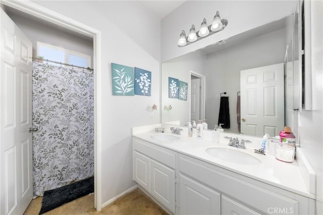 26 Billings Ave, Beaumont, CA 92223 - full bath featuring double vanity, tile patterned flooring, and a shower with curtain