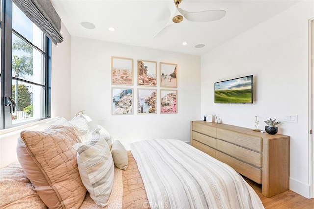 1831 Newport Hills Dr E, Newport Beach, CA 92660 - bedroom featuring multiple windows, ceiling fan, light wood-style floors, and recessed lighting