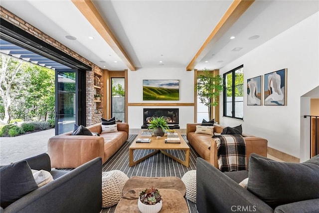 1831 Newport Hills Dr E, Newport Beach, CA 92660 - living room with beamed ceiling, a glass covered fireplace, and recessed lighting