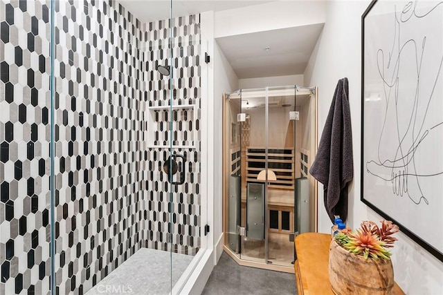 1831 Newport Hills Dr E, Newport Beach, CA 92660 - full bathroom featuring a shower stall, a relaxing sauna, and finished concrete flooring
