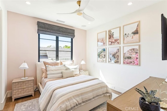 1831 Newport Hills Dr E, Newport Beach, CA 92660 - bedroom with light wood-style flooring, recessed lighting, and ceiling fan